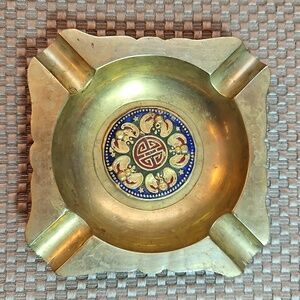 Vintage Brass Enamel Bats Chinese Ashtray